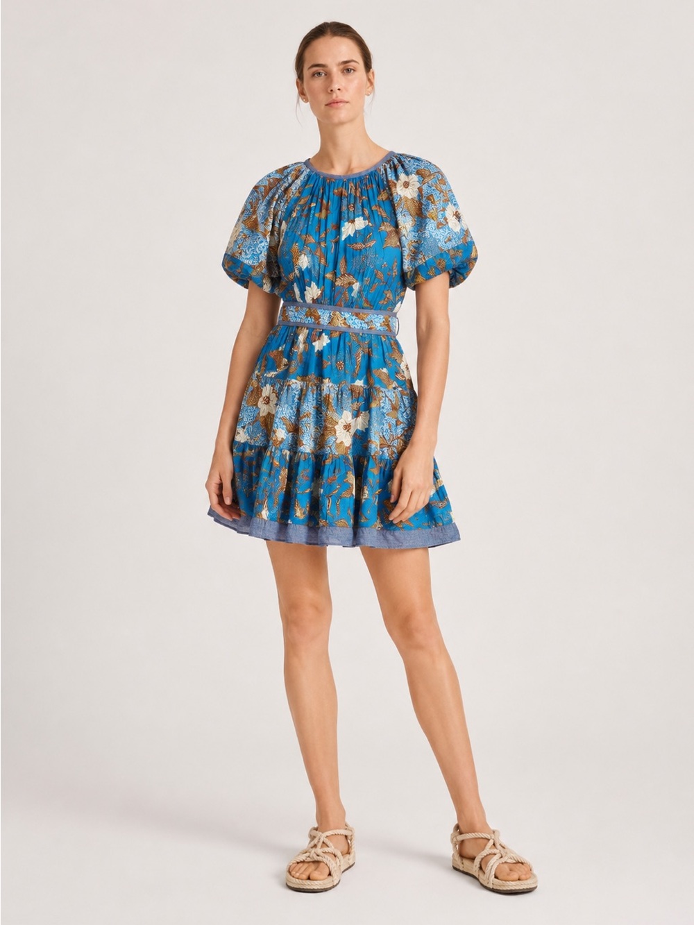 🩵 Ulla Johnson Blue‎ Floral Puff Sleeve Tiered Mini Dress Size 8 🩵